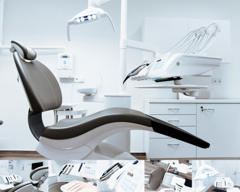 Dental clinic interior featuring a modern dental chair, overhead light, and dental equipment in a clean, bright environment.