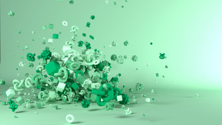 Abstract 3D composition of green and white geometric shapes and patterns, symbolising digital marketing creativity and innovation.