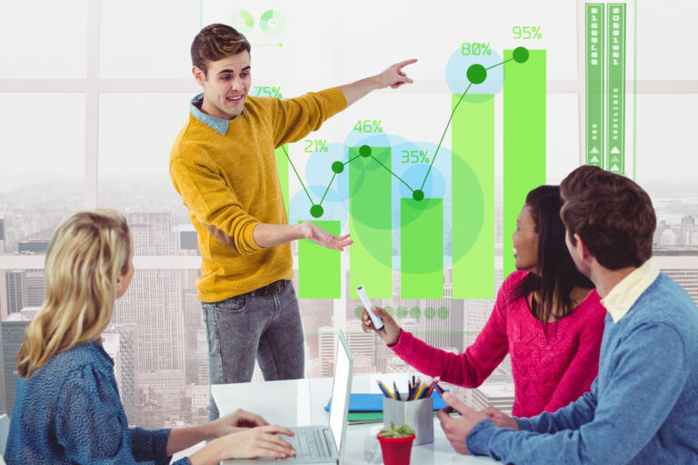 Young man presenting digital marketing trends and analytics to a group, with graphs and data visualisations in the background, illustrating effective strategies for online engagement and performance.