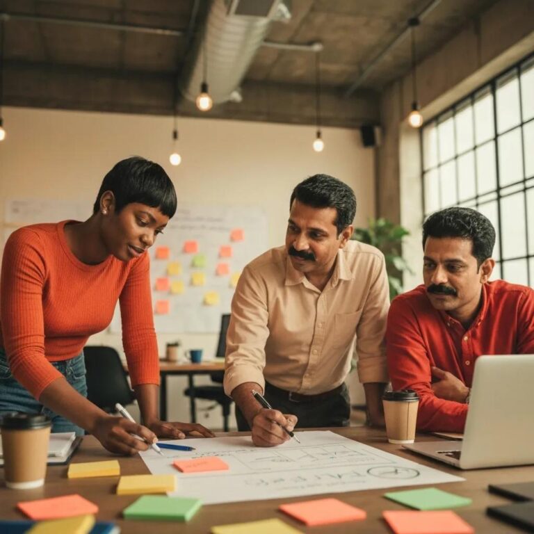 Startup founders collaborating on a revenue checklist in a modern office
