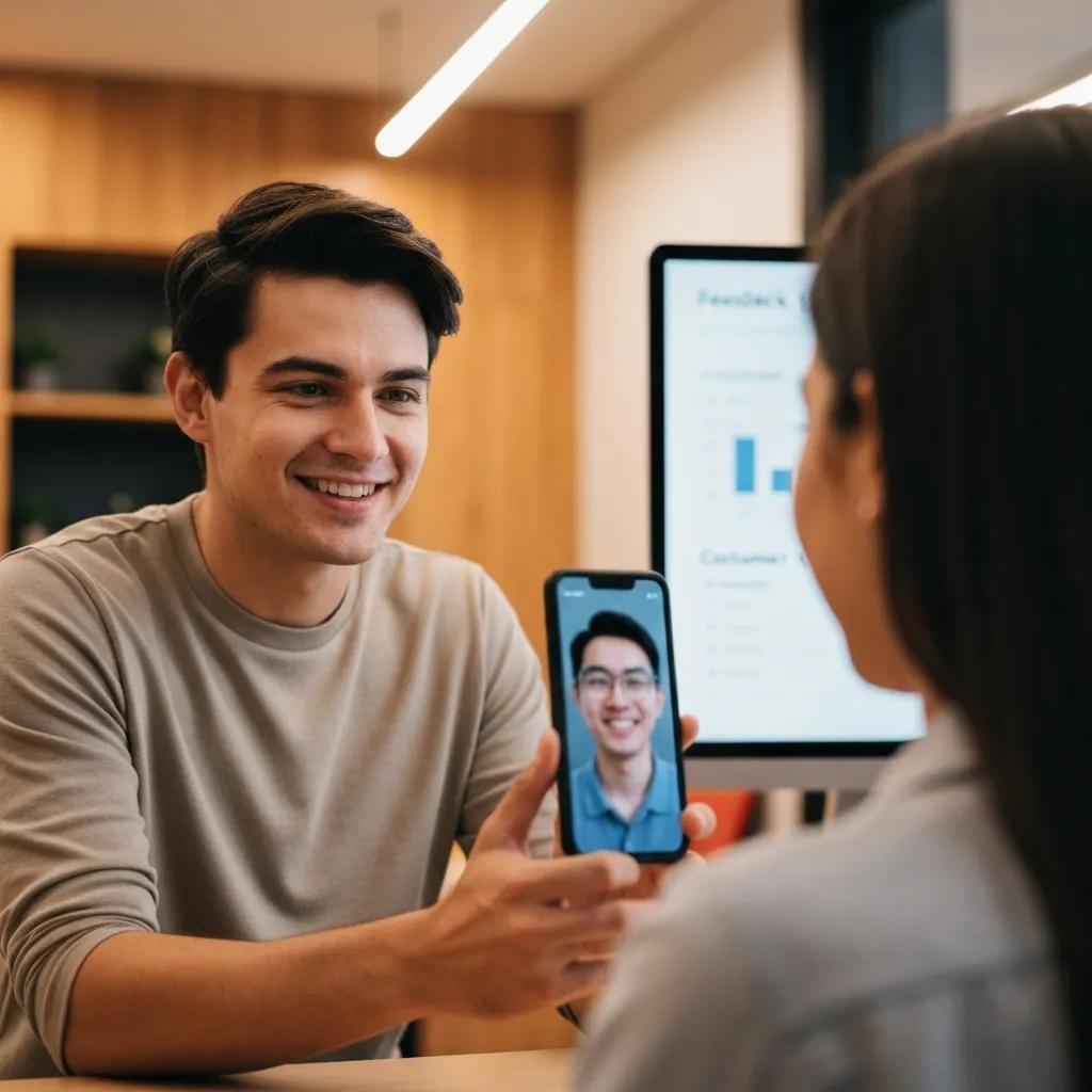 Customer service representative engaging with a customer for feedback